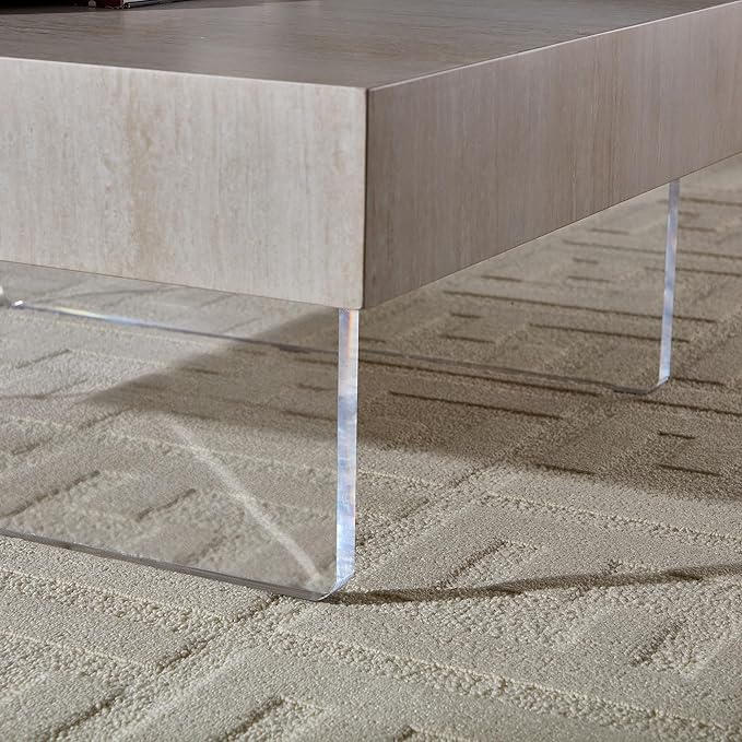 WILLIAMSPACE 34.65" Square Coffee Table with Faux Travertine Pattern & Acrylic Legs, Modern MDF Drum Center Table End Table Accent Side Table for Living Room, Easy Assembly