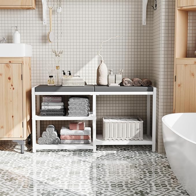 ZHOOGE Shoe Bench & Rack Storage Bench with Seat Cushion, Stable Entryway Bench Holds Up to 300 lb, (35" L x 12" W x 17" H, White)