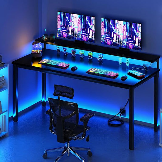 Need 60 inch Computer Desk with LED Lights & Power Outlets, Large Home Desk with Monitor Shelf, Writing Table Gaming Desk Home Office Desk, Black