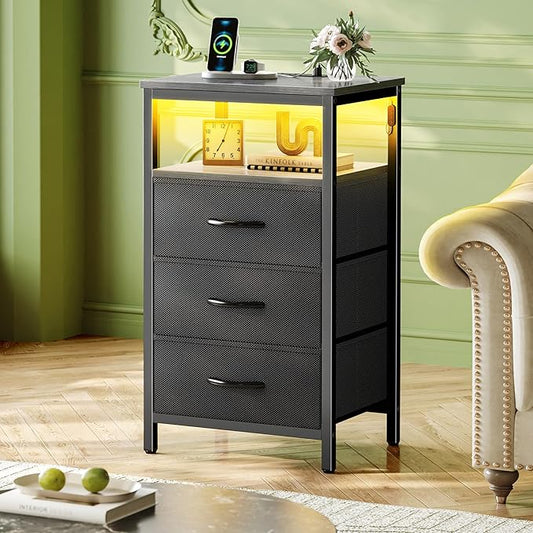 Huuger Night Stand with Charger Station and LED Lights, 3 Drawer Nightstand, Bed Side Table with Open Shelf, End Table, Tall Fabric Dresser for Bedroom, Grey