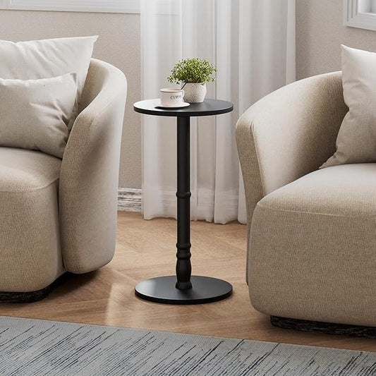 Round Side Table, Solid Wood Pillar with Wood Top & Base, Small Drink Accent Table for Living Room, Bedroom, Sofa & Office, Easy Assembly, Black