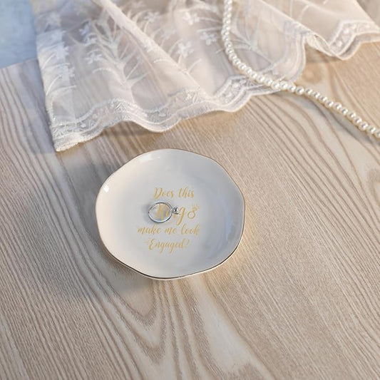 HOME SMILE Engaged Ring Dish-Does This Ring Make Me Look Engaged Trinket Dish- Engagement Gifts for Women,Ceramic White