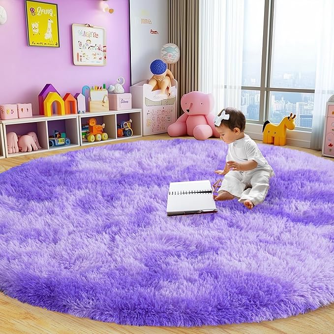 Round Fluffy Rugs 5Ft for Girls Bedroom, Tie-Dyed Purple Shag Circle Kids Rug Non-Slip for Bedside Dorm Nursery Playroom, Soft Cute Area Rugs for Living Room Decor