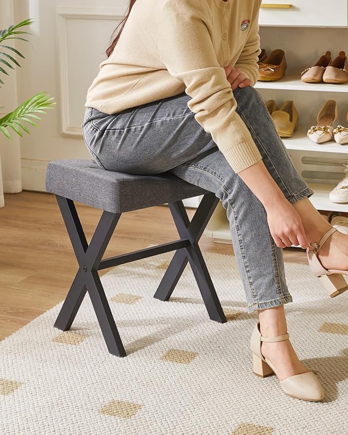IBUYKE U-Shaped Linen Vanity Stool, Square Makeup Chair with X-Leg, Ottoman Seat Footrest Stool, Multi-Use as Small Side Table, for Bedroom, Living Room, Dark Gray WBD018G