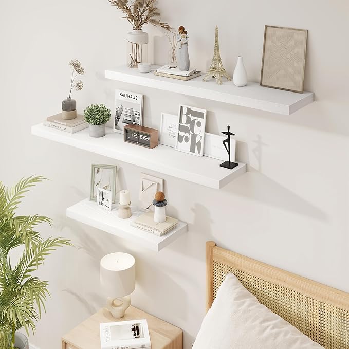 16in Floating Shelves for Wall, 16"W x 9.25"D x 1.25"H, 2 Pack Long Wall Mounted Engineered Wood Shelves with Invisible Brackets for Living Room, Bedroom, Bathroom, Kitchen Decor and Storage, White