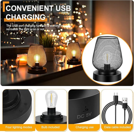 UBright 2 Pack Rechargeable Table Lamp Cordless Table Lamp Battery Operated Lights Metal with 4 Lighting Mode Indoor Outdoor Lights for Patio Bedroom Living Room (Bulb Included) Black