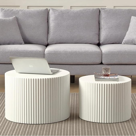 KEVINSPACE Round Coffee Table Set of 2 Nesting CoffeeTable Modern for Living Room, Round End TableSet, Wooden Circle Side Table No Need Assembly Accent Furniture for Bedroom Balcony Lounge White