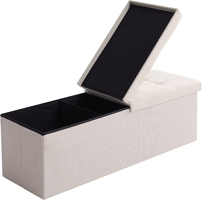 CUYOCA Shoe Storage Ottoman Foldable Seat Footrest Tufted Bench End of Bed Storage with Flipping Lid, 166L Storage Upholstered , Linen Fabric Beige, 45.3 Inches