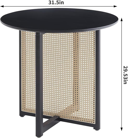Small Round Coffee Table – 31.5" Solid Wood & Rattan Coffee Table, Modern Rustic Low Accent Table for Living Room, Boho Style, Black Height 29"
