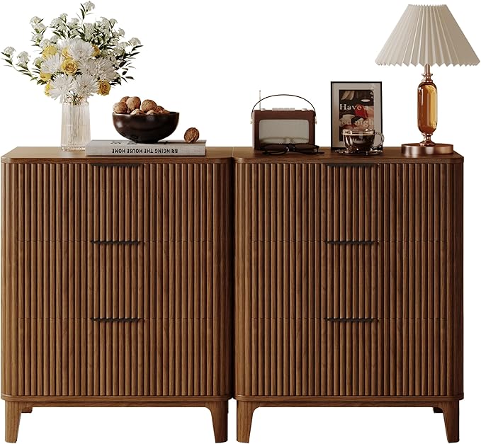 3 Drawer Fluted Dresser for Bedroom, Modern Closet Dressers Chest of Drawers, 23.6" Rustic Wood Nightstand 3-Drawer Dresser Bedside Table, Curved End Table with 3 Large Drawers for Living Room Walnut