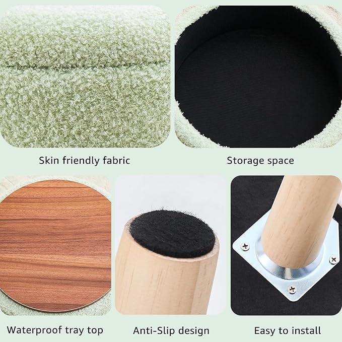 Mxfurhawa Versatile Storage Ottoman, Round Footstool with Soft Padded Seat, Small End Table with 4 Wood Legs, Teddy Velvet Foot Rest for Couch,Shoe Changing Stool for Living Room (Light Green)