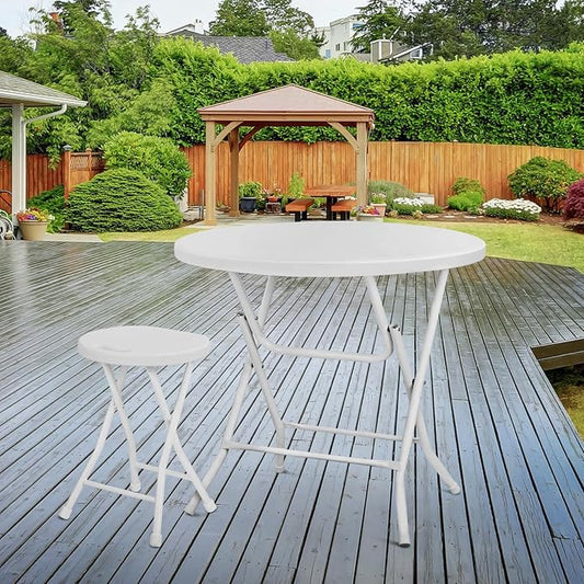 Athena Collection 2.6ft Plastic Folding Dining Table, Portable Round Card Table with Steel Legs for Indoor Outdoor, Foldable Heavy Duty for Camping Party, White