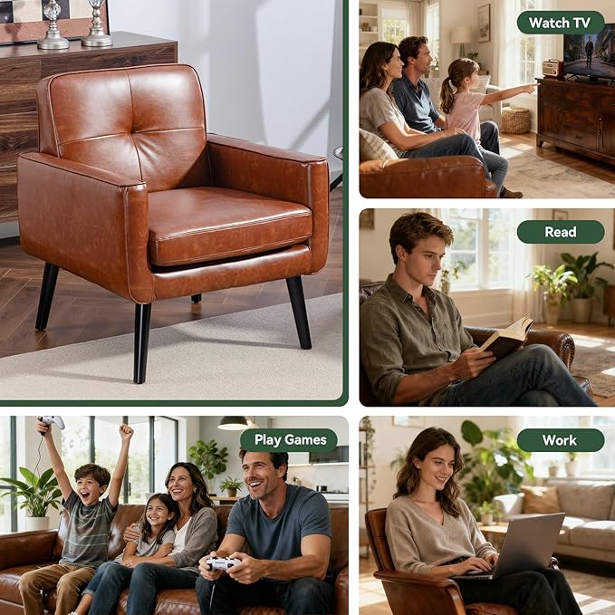 Mid Century Accent Chair, PU Leather Modern Chair with Wooden Frame, Cozy Armchair Reading Chair with Comfy Back for Apartment, Living Room, Bedroom, Waiting Room, Small Space, Corner, Brown