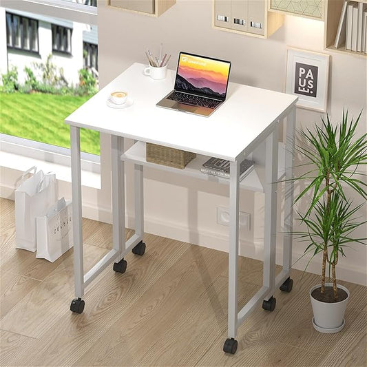 GreenForest Folding Desk with Wheels and Storage Shelf, 24.8 Inch Compact Portable Rolling Desk for Small Spaces, Mobile Foldable Computer Table, Easy Assembly, Pure White