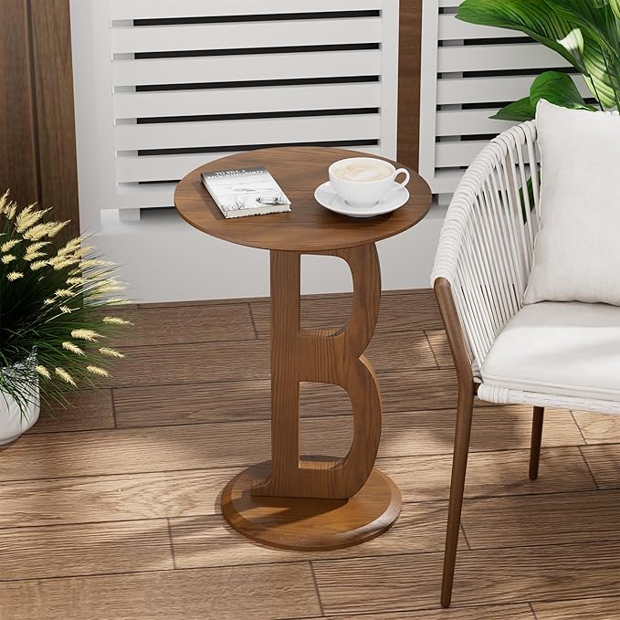 Aoligrace Round Side Table, Modern End Table with Letter B Leg, Wooden Accent Table for Couch Small Coffee Tables Nightstand for Small Spaces Living Room Bedroom