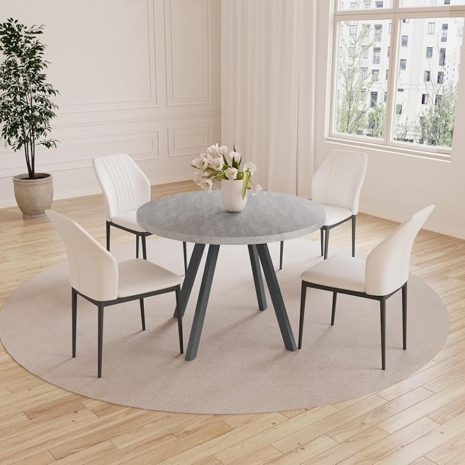 34.6'' Round Dining Table and Chairs for 4, Mid Century Modern Round Table Set, Space Saving for Apartment Kitchen Dining Room (Grey Table+4 White Chairs)