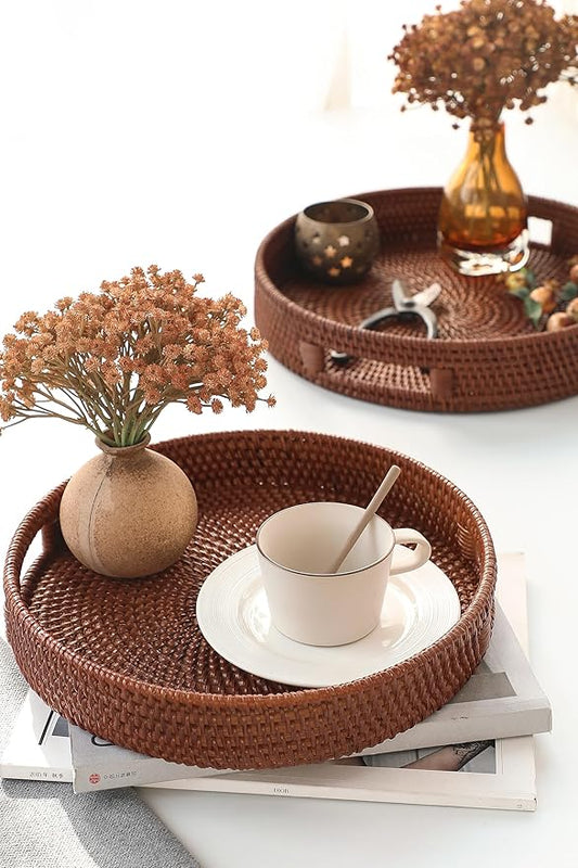 HITOMEN 11.8" Hand-Woven Round Rattan Serving Tray Decorative Wicker Trays with Handles for Coffee Table (Brown-M)