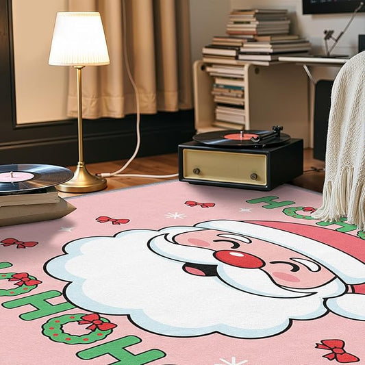 Santa Claus Rug - 4x6 Rug, Hohoho Living Room Rugs, Santa Claus Bedroom Rugs, Pink Christmas Carpet, Cartoon Xmas Kids Girls Boys Home Decor & Gifts