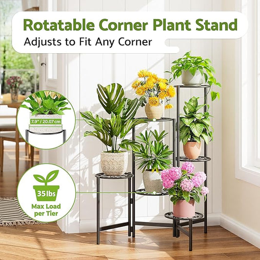 6 Tier Large Plant Stand Indoor with 7.9-Inch Wide Drainage Tray, Tiered Corner Metal Outdoor Flower Display Holder Shelf, Folding Tall Rack for House Patio Porch Balcony Graden - BlackS