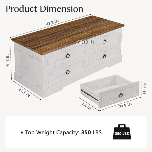 Coffee Table with Storage, 47.2 in Farmhouse Wooden Center Table with 4 Drawers for Living Room, Antique White Walnut, Easy Assembly Rectangle Home Office Tea Accent Table for Apartment