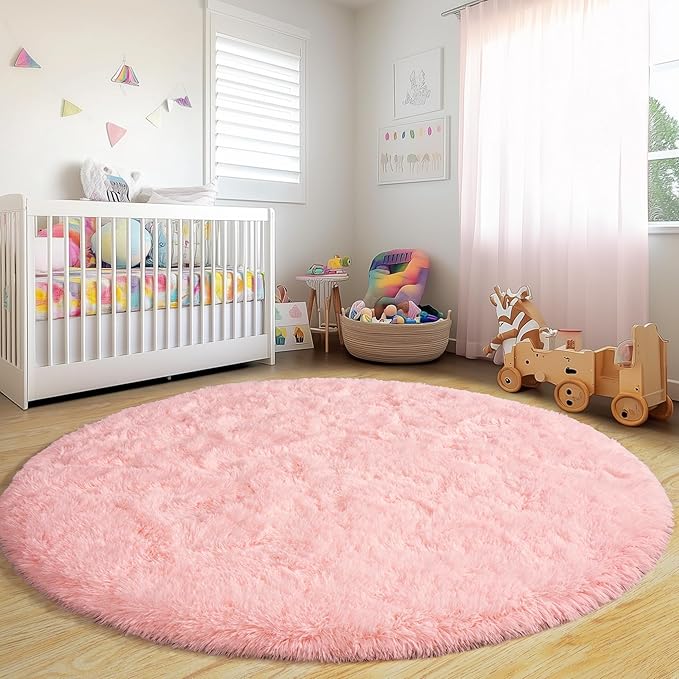 Round Fluffy Rugs 6Ft for Girls Bedroom, Pink Shag Circle Kids Rug Non-Slip for Bedside Dorm Nursery Playroom, Soft Cute Area Rugs for Living Room Decor