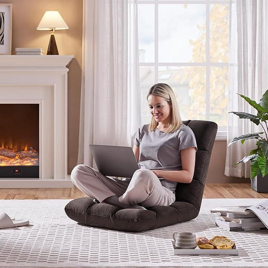 Yaheetech Floor Folding Chair with Back Support, Padded Folding Gaming Sofa Chair with 14 Adjustable Backrest, Adults Couch Recliner, Floor Seating Lounge Chair, Armless Meditation Chair, Brown