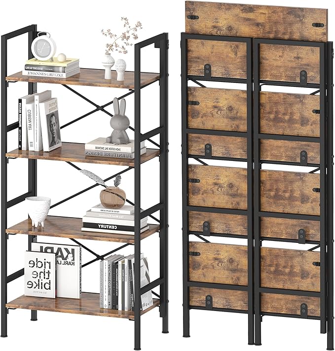 Homeiju Folding Bookshelf,4 Tier Bookcase Foldable Shelf with X-Bracket Design, Adjustable Feet, Space Saving Storage for Living Room, Office, Rustic Brown