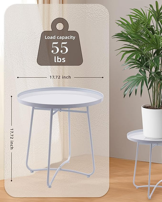 Small Side Round Table for Living Room Bedroom, Weather Resistant Outdoor Side Table Metal Patio Tables for Garden Porch Balcony Yard, Minimalist Short Round Tray Tables 17.7”D x 17.7”H, White