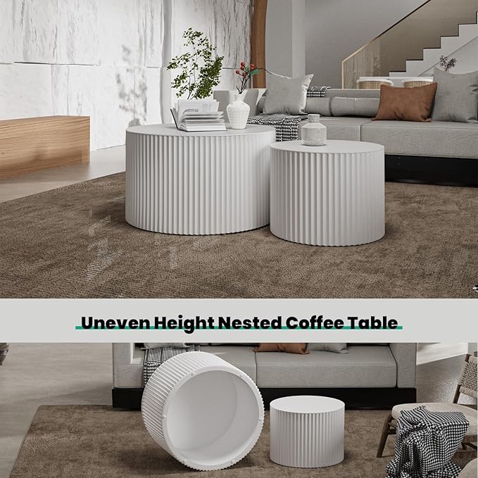 Round Nesting Coffee Table Set of 2 Handcraft Circle Fluted Nesting Coffee Tables Circular Side Table Drum Accent End Tables for Living Room Bedroom (White A Small)