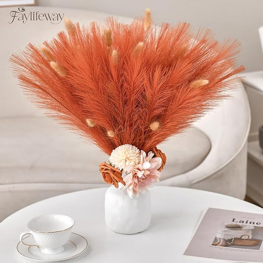 𝟱𝟬pcs Orange Pampas Grass 𝟭𝟳in, Pompas Grass Home Decor, Artificial Pampas Grass Bulk Boho Vase Filler Table Centerpieces Party Wedding Decorations