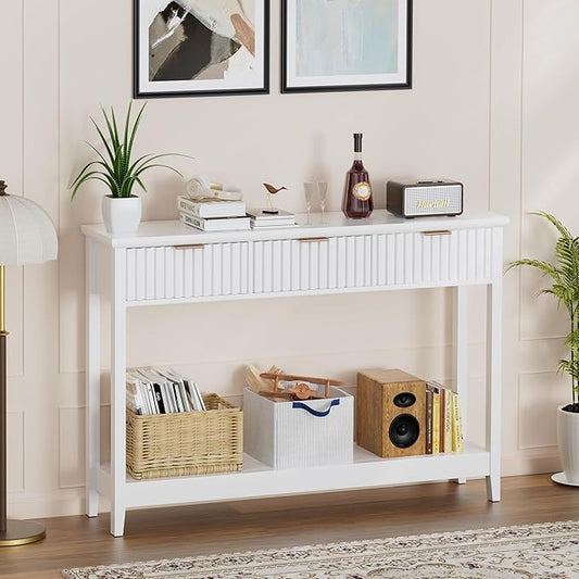 51 inch Entryway Table with Storage, Narrow Console Table with 3 Drawers, Modern Sofa Table with Open Storage Shelf for Living Room, Foyer Hallway, White