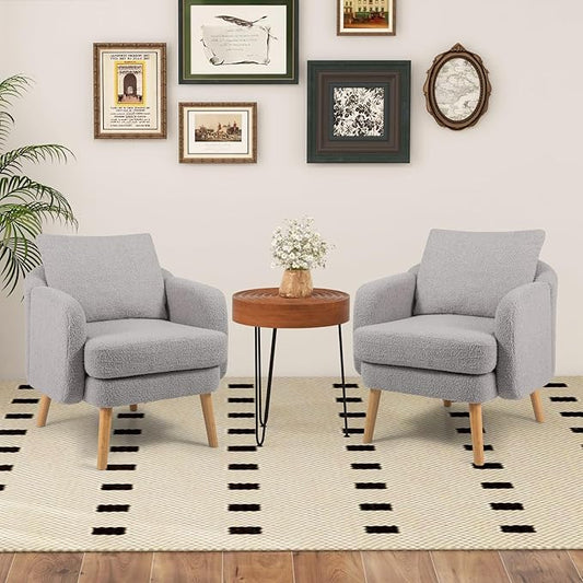 Giantex Sherpa Accent Chair Set of 2, Modern Upholstered Single Sofa Chair with Back Pillow & Solid Rubber Wood Legs, Teddy Barrel Arm Chair for Reading, Living Room, Bedroom, Office, Grey