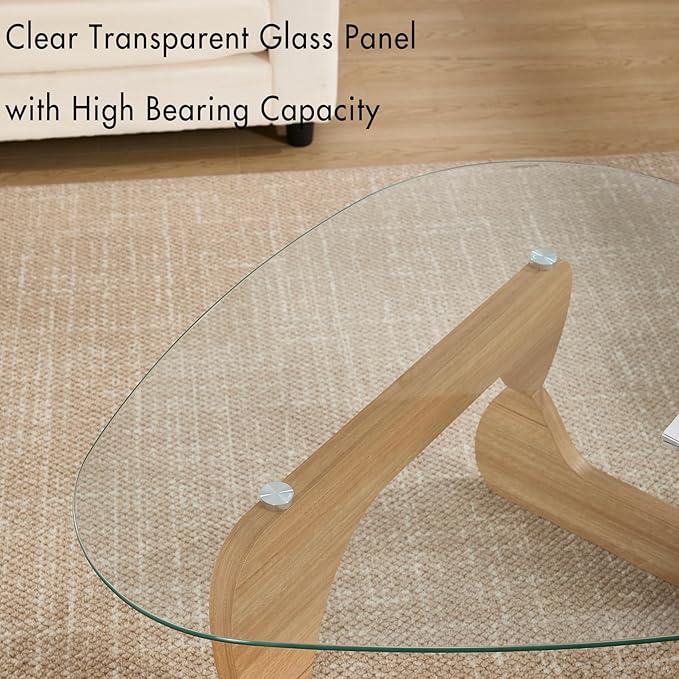 Small Glass Coffee Table, 32.5" Triangle Center Table with Wood Base Abstract Contemporary Coffee Table for Living Room Office Patio, Natural