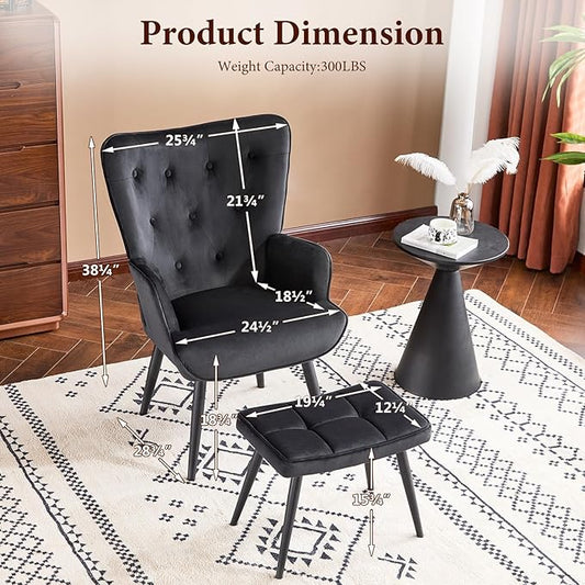 Furniliving Velvet Accent Chair with Ottoman, Upholstered Reading Chair with High Backrest, Tufted-Button Wingback Armchair for Bedroom, Dressing Room, Home Office, Black