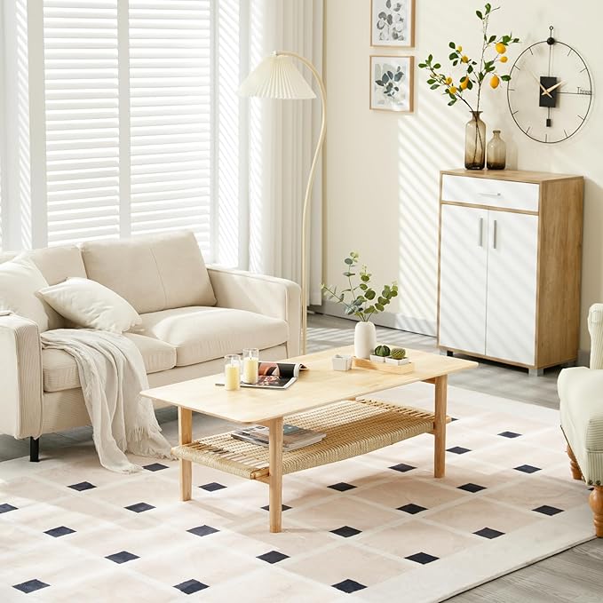 Farmhouse Coffee Table with Rattan Storage Boho Mid Centry Modern Center Table with Under Shelf Wood Living Room Table with Woven Shelf Underneath for Living Room Lounge, Natural Color