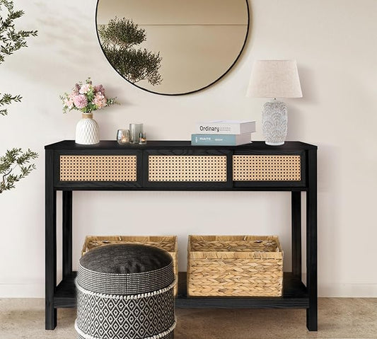 ZYBT Long Console Table, Rattan Entry Table, Console Tables for Entryway, Narrow Wood Console Table with Storage, Black Couch Table Hallway Table Boho Sofa Table for Living Room