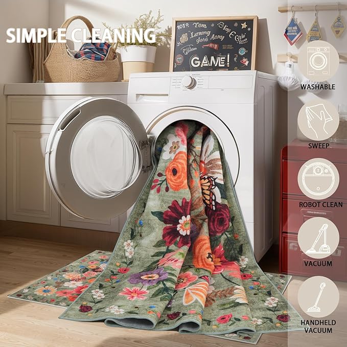 Floral Rug for Entryway, Green 2X3 Washable Kitchen Mat Ultra-Thin Soft, Non-Slip Indoor Door Carpet Stain Resistant Boho Small Low-Pile Throw for Bathroom Bedroom (Green Garden, 2 x 3)