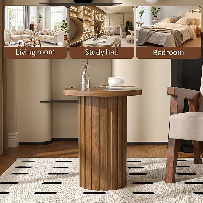 Farmhouse Pedestal End Table Round Side Table with Fluted Panel Rustic Drink Table for Small Space Living Room (Walnut)