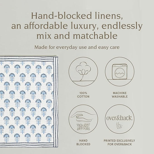 Over&Back Set of 4 Hand-Blocked Placemats - Colorful Dining Table Mat - Each Placemat is Unique - 100% Cotton - Machine Washable - Kitchen and Home Decor - Blue Flower