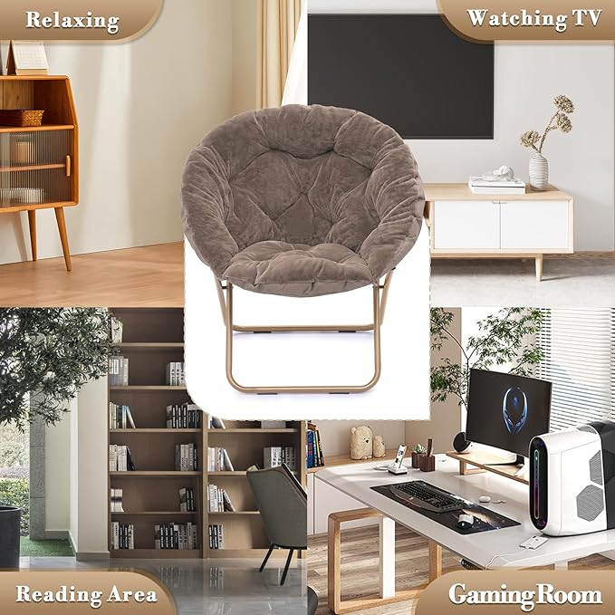 Athena Collection Saucer Chair with Ottoman Comfy Chair for Bed Room Living Room Folding Round Cozy Chair Faux Fur Metal Frame Foldable Lazy Chair Accent Chair Reading Chair Set of 2, Brown
