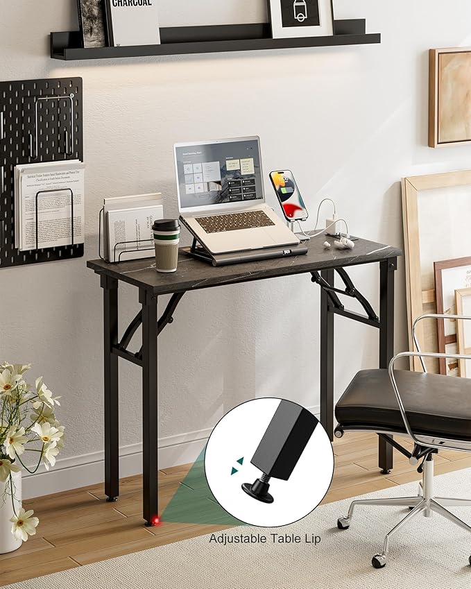 Frylr Small Folding Computer Desk – 35.8 Inch Portable Table for Craft and Study, Lightweight Desk for Small Spaces, Foldable Laptop Table Built-in AC/USB Outlets for Convenience, Marble Greige