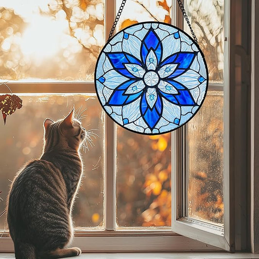 Stained Glass Window Hanging, Blue Tiffany Style Flowers Sun Catcher for Window Door Home Decor Suncatcher Christmas Mother's Day Birthday Gifts for Women Men Mom and Nana 7.8 in
