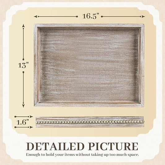 Wooden Decorative Tray, Rectangular Serving Tray with Wood Bead, Farmhouse Big Tray for Ottoman, Countertop, Coffee Tabl, 16.5" x 13"x 1.6" (White Washed)