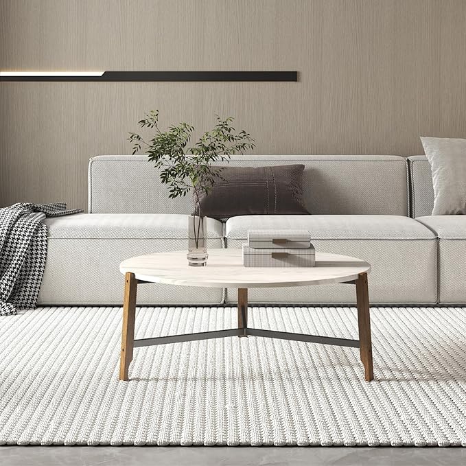 Modern Round Coffee Table, 36’’ Wide Wooden Side Table Mid-Century End Table with Wood Legs Metal Support for Living Room Bedroom, White