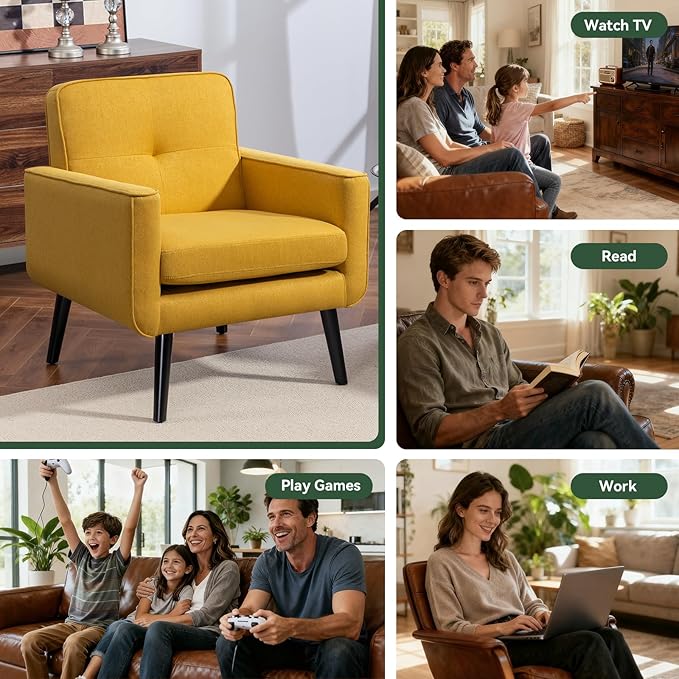 Mid Century Accent Chair, Fabric Modern Chair with Wooden Frame, Cozy Armchair Reading Chair with Comfy Back for Apartment, Living Room, Bedroom, Waiting Room, Small Space, Corner, Yellow