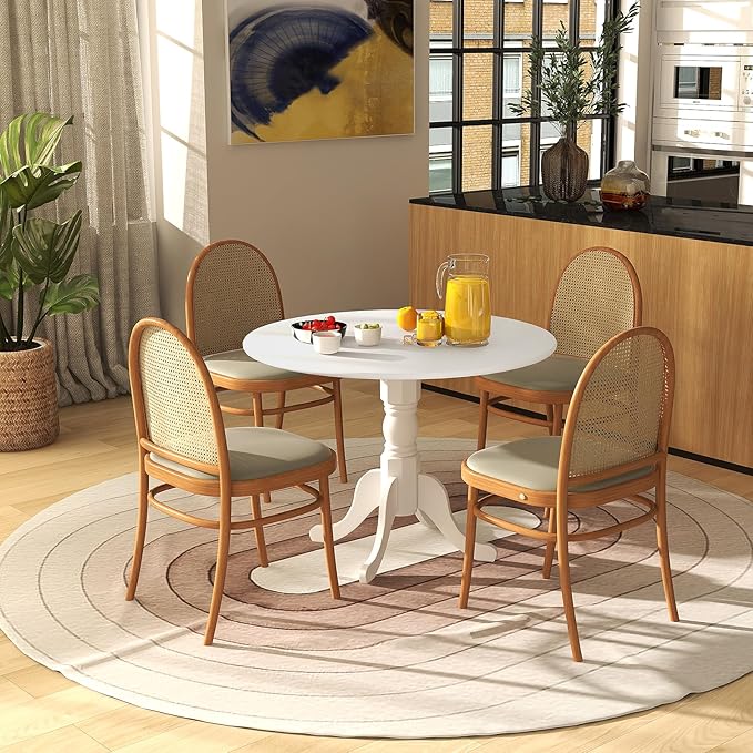 Giantex Round Dining Table, 39" D X 29" H, Rubber Wood Pedestal Table W/Round Tabletop & Curved Trestle Legs, 4-Person Dinner Table for Kitchen, Dining Room, Restaurant (White)