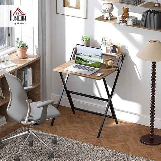 HOMCOM Small Folding Desk, 27.6 Inch Foldable Computer Desk with Monitor Shelf, Space Saving Portable Writing Table for Small Spaces, Home Office, Study, Easy Assembly, Walnut