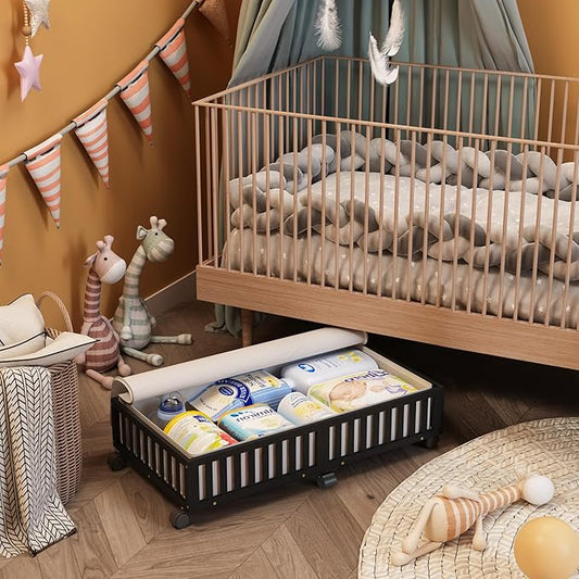 Bamboo Under Bed Storage Containers with Wheels, 2 Pack Large Under the Bed Shoe Storage Bins, Wood Rolling Underbed Drawers Organizer for Bedroom Closet Clothes Blanket Under Crib Toy Black