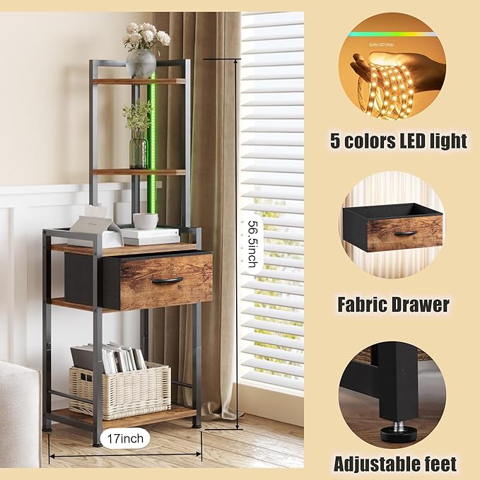 5-Tier Corner Shelf Stand with LED Lights & Fabric Drawer - Rustic Brown Freestanding Corner Cabinet Storage Organizer for Living Room, Bedroom, Office