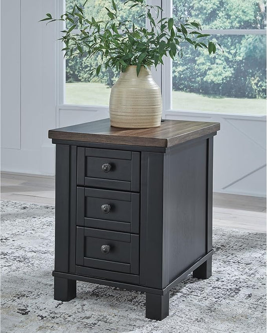 Signature Design by Ashley Wildenauer Farmhouse 3-Drawer Chairside End Table with USB Ports, Light Brown & Black